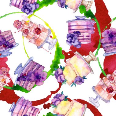 Çiçeklerle süslenmiş lezzetli pasta. Suluboya arka plan illüstrasyon seti. Kesintisiz arka plan deseni.