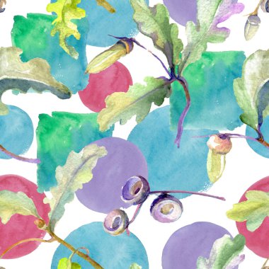 Orman meşe palamudu yeşil yaprak ve fındık. Suluboya arka plan illüstrasyon seti. Kesintisiz arka plan deseni.