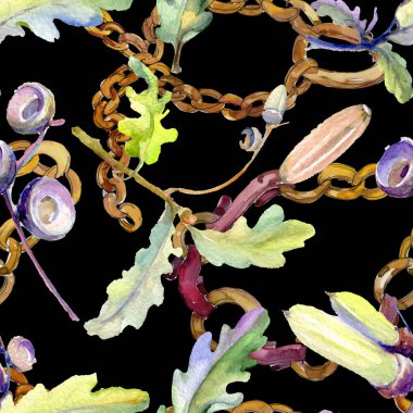 Orman meşe palamudu yeşil yaprak ve fındık. Suluboya arka plan illüstrasyon seti. Kesintisiz arka plan deseni.