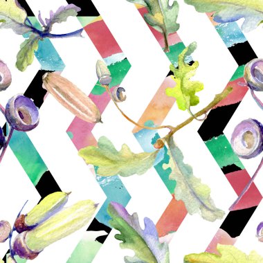 Orman meşe palamudu yeşil yaprak ve fındık. Suluboya arka plan illüstrasyon seti. Kesintisiz arka plan deseni.