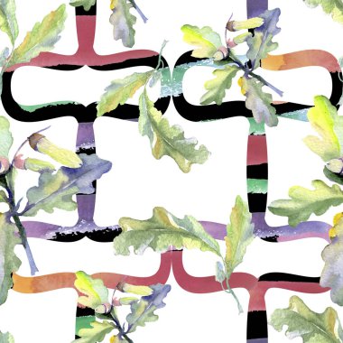 Orman meşe palamudu yeşil yaprak ve fındık. Suluboya arka plan illüstrasyon seti. Kesintisiz arka plan deseni.