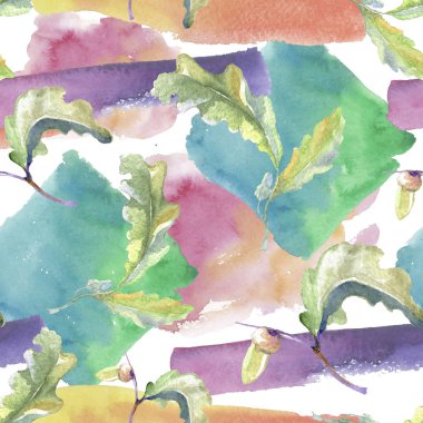 Orman meşe palamudu yeşil yaprak ve fındık. Suluboya arka plan illüstrasyon seti. Kesintisiz arka plan deseni.