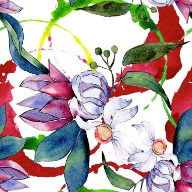 Buket loral botanik çiçekler. Suluboya arka plan illüstrasyon seti. Kesintisiz arka plan deseni.