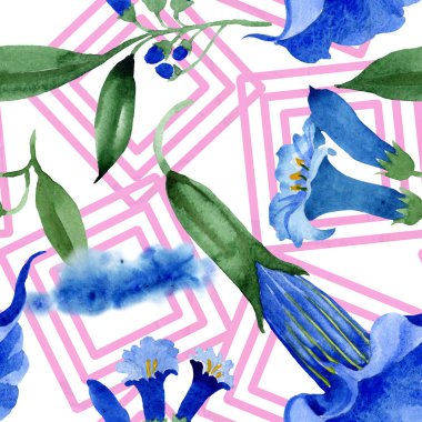 Mavi brugmansia çiçek botanik çiçekleri. Suluboya arka plan illüstrasyon seti. Kesintisiz arka plan deseni.