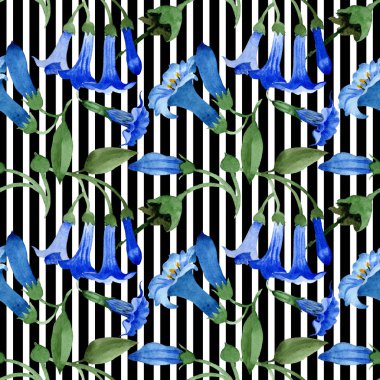 Mavi brugmansia çiçek botanik çiçekleri. Suluboya arka plan illüstrasyon seti. Kesintisiz arka plan deseni.