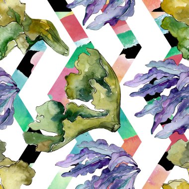 Yeşil ve menekşe su altı doğa mercan resifi. Suluboya illüstrasyon seti. Kesintisiz arka plan deseni.