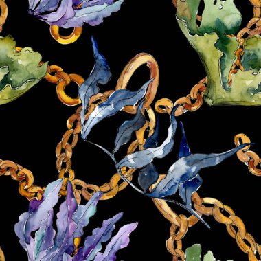 Yeşil ve menekşe su altı doğa mercan resifi. Suluboya illüstrasyon seti. Kesintisiz arka plan deseni.