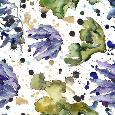 Yeşil ve menekşe su altı doğa mercan resifi. Suluboya illüstrasyon seti. Kesintisiz arka plan deseni.