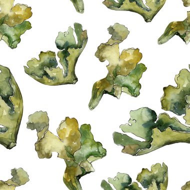 Yeşil su altı doğa mercan resifi. Suluboya illüstrasyon seti. Kesintisiz arka plan deseni.