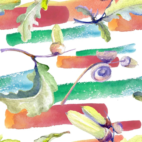 Floresta de bolota folha verde e noz. Conjunto de ilustração de fundo aquarela. Padrão de fundo sem costura . — Fotografia de Stock