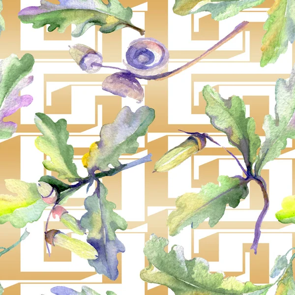 Floresta de bolota folha verde e noz. Conjunto de ilustração de fundo aquarela. Padrão de fundo sem costura . — Fotografia de Stock