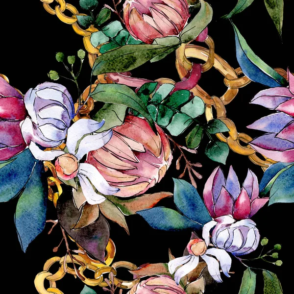 Bouquet loral fiori botanici. Acquerello sfondo illustrazione set. Modello di sfondo senza soluzione di continuità . — Foto Stock