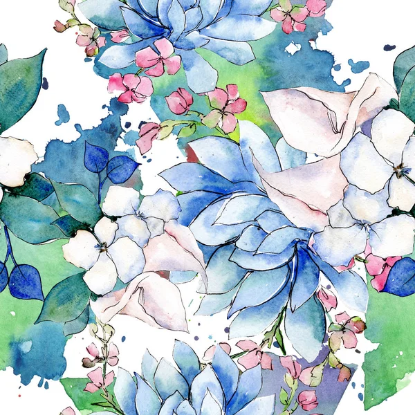 Bukett Loral botaniska blommor. Akvarell bakgrund illustration uppsättning. Sömlöst bakgrundsmönster. — Stockfoto