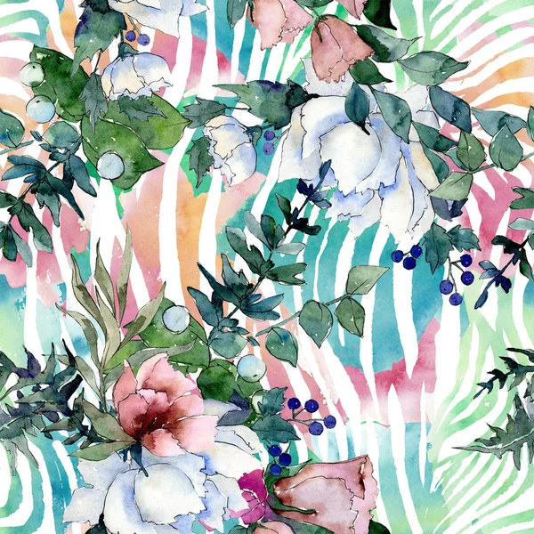 Kytice květinové botanické květin. Sada akvarel pozadí obrázku. Vzor bezešvé pozadí. — Stock fotografie