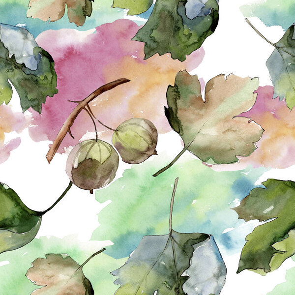 Gooseberry healthy food. Watercolor background illustration set. Seamless background pattern.