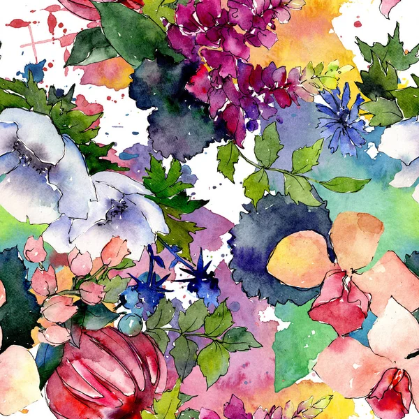 Bukiet kwiatowy kwiaty botanicznych. Zestaw ilustracji tle akwarela. Bezszwowe tło wzór. — Zdjęcie stockowe