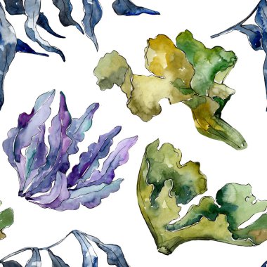 Yeşil ve menekşe su altı doğa mercan resifi. Suluboya illüstrasyon seti. Kesintisiz arka plan deseni.