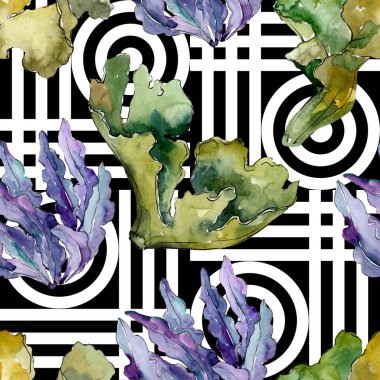 Yeşil ve menekşe su altı doğa mercan resifi. Suluboya illüstrasyon seti. Kesintisiz arka plan deseni.