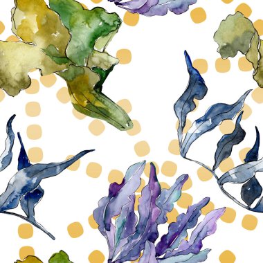 Yeşil ve menekşe su altı doğa mercan resifi. Suluboya illüstrasyon seti. Kesintisiz arka plan deseni.