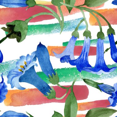 Mavi brugmansia çiçek botanik çiçekleri. Suluboya arka plan illüstrasyon seti. Kesintisiz arka plan deseni.