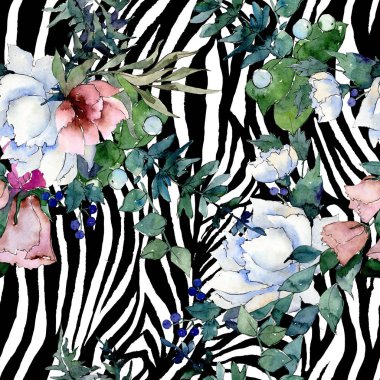 Buket çiçek botanik çiçekler. Suluboya arka plan illüstrasyon küme. Sorunsuz arka plan deseni.