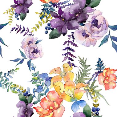 Buket çiçek botanik çiçekler. Suluboya arka plan illüstrasyon küme. Sorunsuz arka plan deseni.