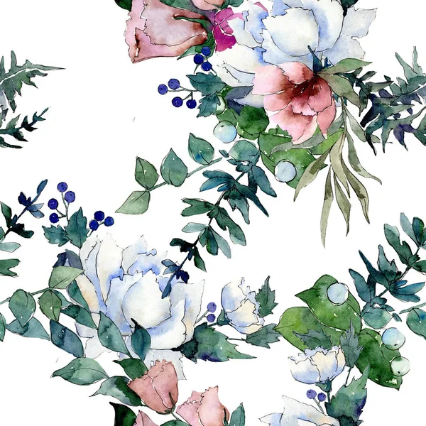 Blumenstrauß botanische Blumen. Aquarell Hintergrundillustration Set. nahtloses Hintergrundmuster. — Stockfoto