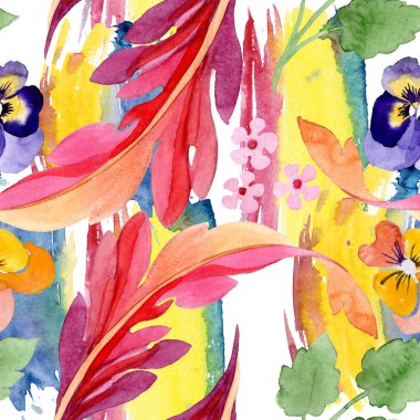 Pansies çiçek botanik çiçekleri ile Süs. Suluboya arka plan illüstrasyon seti. Kesintisiz arka plan deseni.