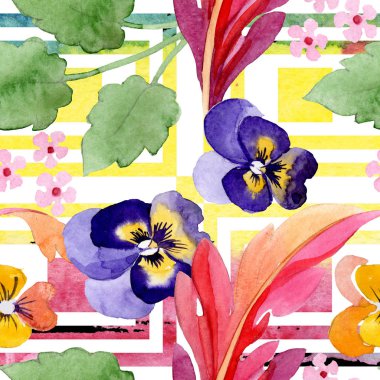 Pansies çiçek botanik çiçekleri ile Süs. Suluboya arka plan illüstrasyon seti. Kesintisiz arka plan deseni.