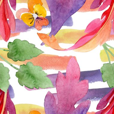 Pansies çiçek botanik çiçekleri ile Süs. Suluboya arka plan illüstrasyon seti. Kesintisiz arka plan deseni.