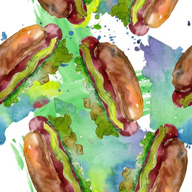 Sosisli fast food izole. Suluboya arka plan illüstrasyon seti. Kesintisiz arka plan deseni.