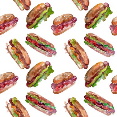 Sosisli fast food izole. Suluboya arka plan illüstrasyon seti. Kesintisiz arka plan deseni.