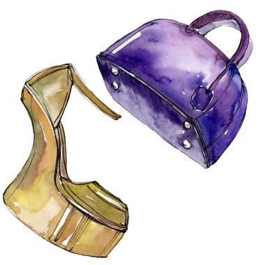 Moda kroki glamour çizimde bir suluboya stil izole öğesi. Suluboya arka plan ayarlamak.