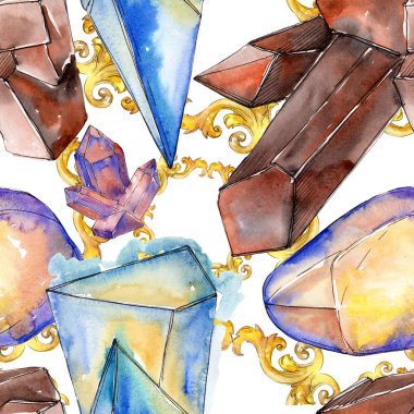 Renkli elmas taş takı mineraller. Suluboya kristal taş arka plan ayarlayın. Sorunsuz arka plan deseni.