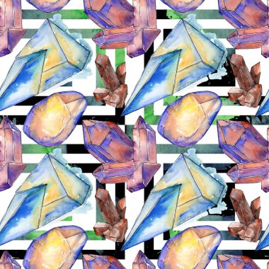 Renkli elmas taş takı mineraller. Suluboya kristal taş arka plan ayarlayın. Sorunsuz arka plan deseni.