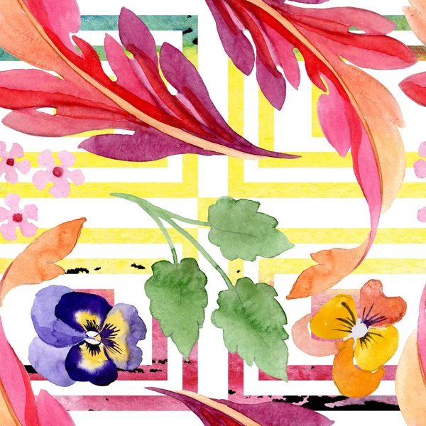 팬지 꽃 식물 꽃 장식. 수채화 배경 일러스트 세트입니다. 원활한 배경 패턴. — 스톡 사진