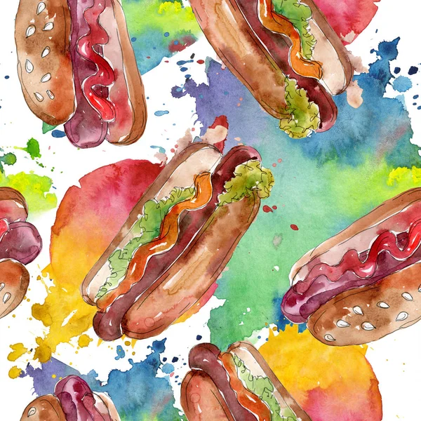 Rychlá strava s Hot dogsem izolovaná. Vodný obrázek pozadí-barevný. Bezespání vzorek pozadí. — Stock fotografie