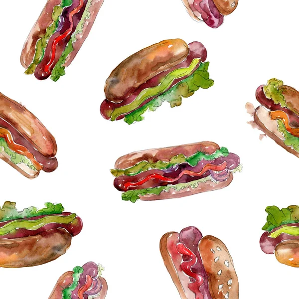 Hot dog fast-food izolat. Set de ilustrații de fundal acuarelă. Model de fundal fără sudură . — Fotografie, imagine de stoc