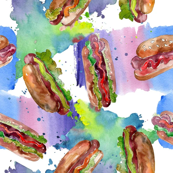 Hotdog Fast Food geïsoleerd. Aquarel achtergrond illustratie instellen. Naadloos achtergrond patroon. — Stockfoto