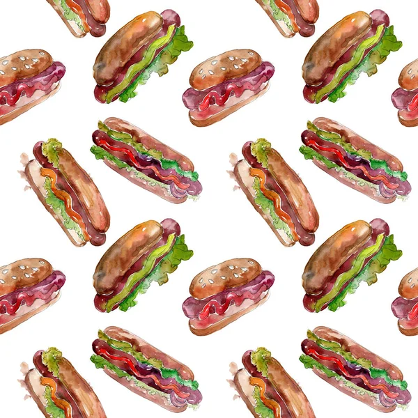 Hot dog gyorsétterem elszigetelt. Akvarell háttér illusztráció meg. Folytonos háttérmintázat. — Stock Fotó