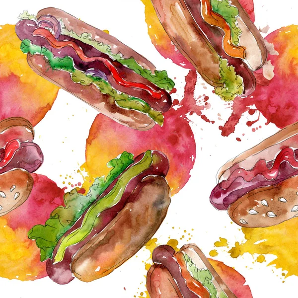 Hotdog Fast Food geïsoleerd. Aquarel achtergrond illustratie instellen. Naadloos achtergrond patroon. — Stockfoto