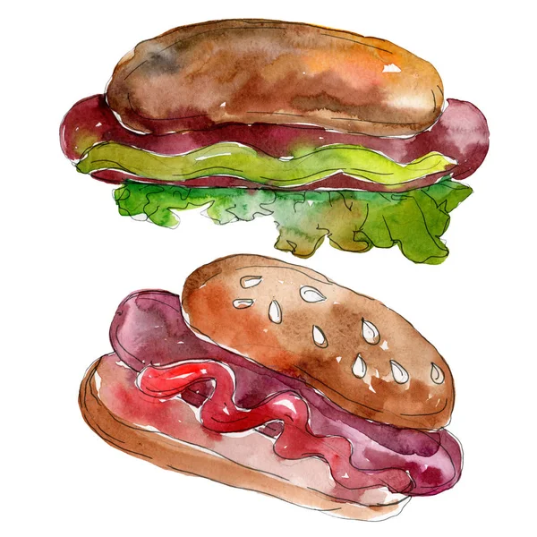 Hot Dog im Aquarell-Stil isoliert. Aquarell Fast Food Illustrationselement auf weißem Hintergrund. — Stockfoto