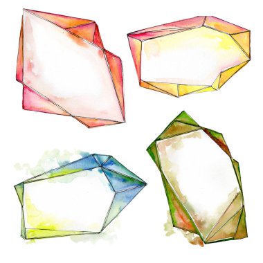 Renkli elmas taş takı mineraller. Suluboya arka plan ayarlamak. İzole kristal illüstrasyon öğesi.