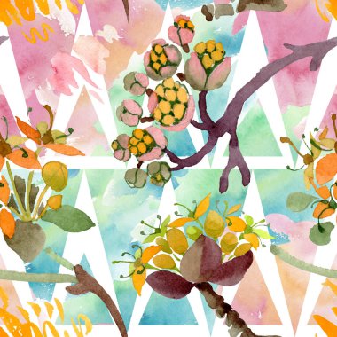 Cornus mas çiçek botanik çiçekler. Suluboya arka plan illüstrasyon seti. Kesintisiz arka plan deseni.