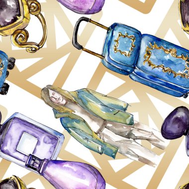 Moda kroki glamour çizimde bir suluboya stil izole öğesi. Sorunsuz arka plan deseni.
