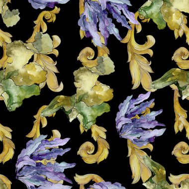 Yeşil ve menekşe su altı doğa mercan resifi. Suluboya illüstrasyon seti. Kesintisiz arka plan deseni.