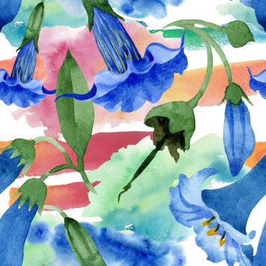 Mavi brugmansia çiçek botanik çiçekleri. Suluboya arka plan illüstrasyon seti. Kesintisiz arka plan deseni.