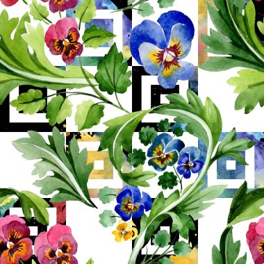 Viyola çiçek botanik çiçekleri ile süs. Suluboya arka plan illüstrasyon seti. Kesintisiz arka plan deseni.