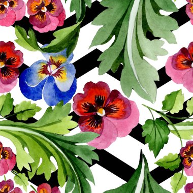 Viyola çiçek botanik çiçekleri ile süs. Suluboya arka plan illüstrasyon seti. Kesintisiz arka plan deseni.