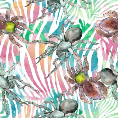 Egzotik tarantula örümcek vahşi böcek. Suluboya arka plan illüstrasyon seti. Kesintisiz arka plan deseni.